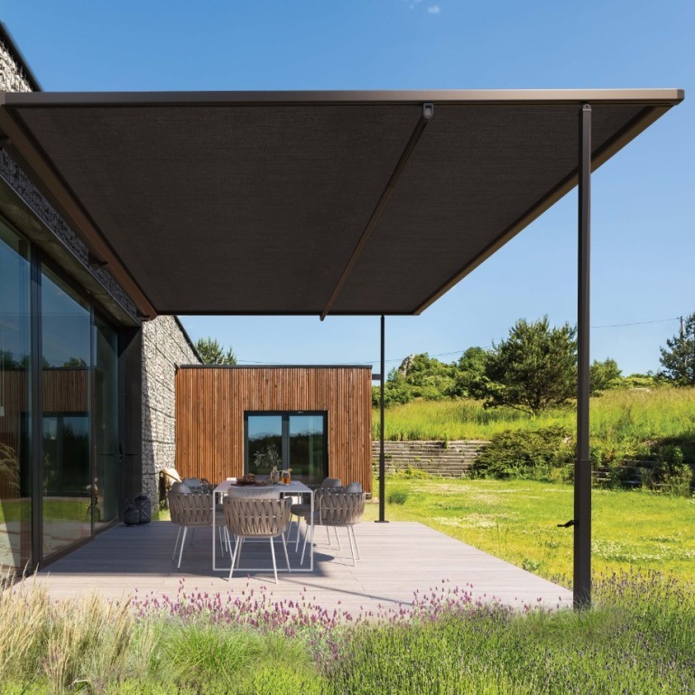 premium awnings for gardens or patios with legs in anthracite grey