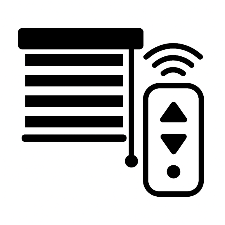 Black and white icon logo of electric blinds with remote control, representing motorised window blind automation.