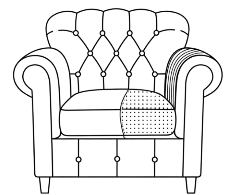 Reupholstery logo showing a detailed line drawing of a classic armchair with patchwork fabric, symbolising expert furniture restoration by Material Things in Hampshire.